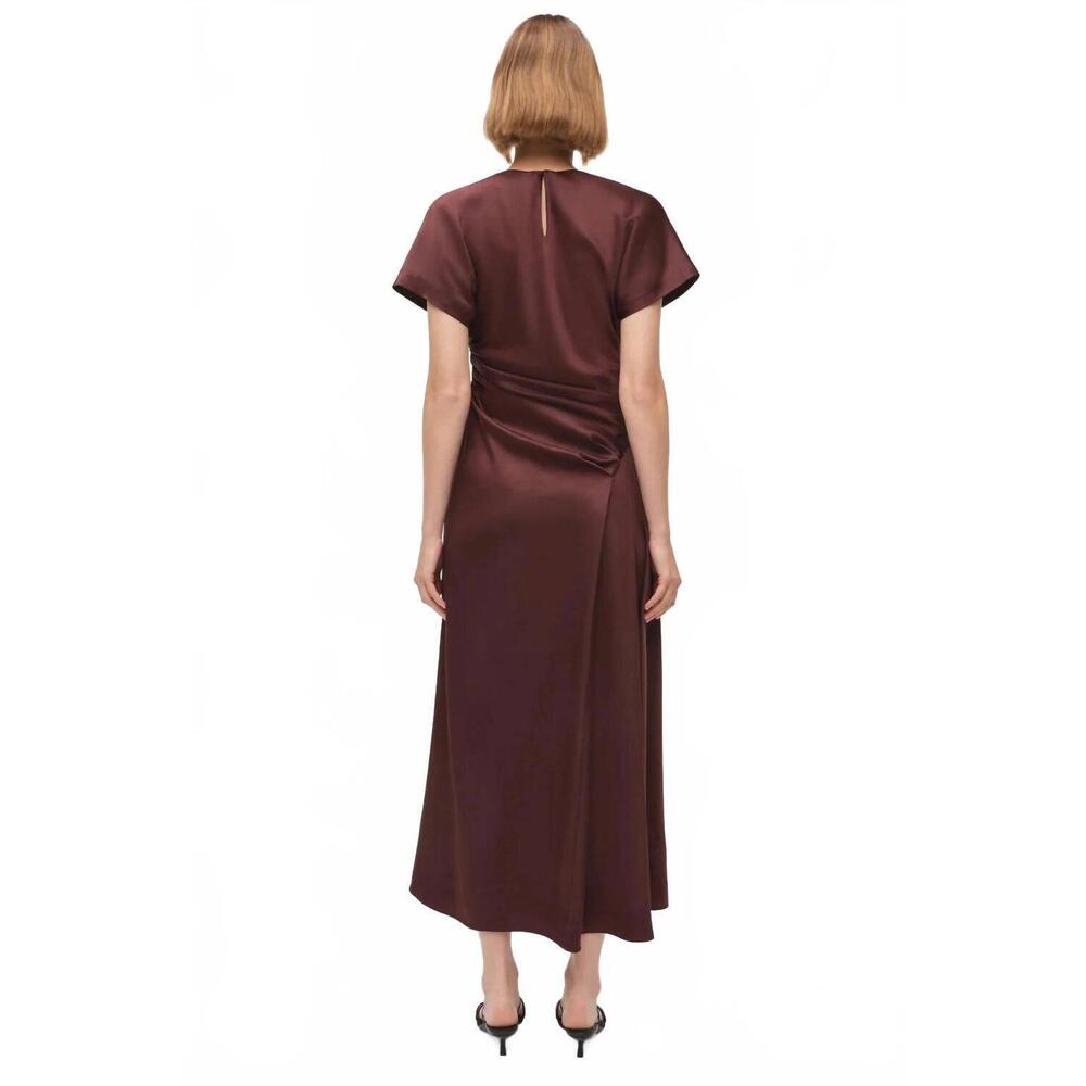 NEW SIMKHAI marabella draped satin midi dress in mahogany - Picture 3 of 6